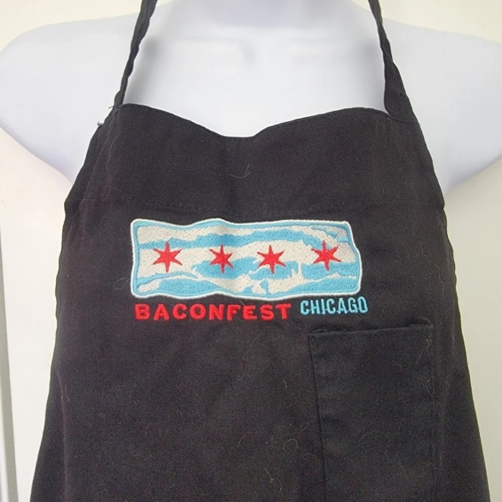 Chefwear Baconfest Chicago Black Tie Over Head Apron Embroidered Logo 3 Pockets